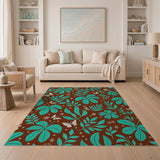 Teal Leaves Butterflies Brown Pattern Area Rug