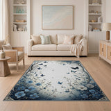 Washable Blue Floral Butterfly Vintage Low Pile Area Rug