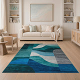 Teal Blue Abstract Wave Geometric Rug
