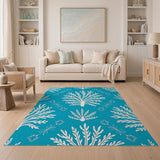 Teal White Sea Fern Coastal Area Rug
