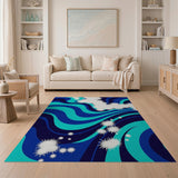 Blue Teal Abstract Wave Area Rug with Starbursts