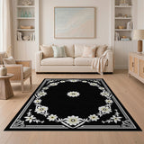 Ornate Black White Daisy Floral Area Rug