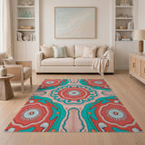 Coral Teal Mandala Boho Area Rug