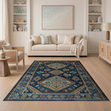 Blue and Teal Navy Blue Heritage Tribal Geometric Area Rug