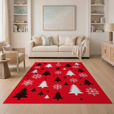 Festive Red Christmas Trees Snowflakes Stars Rug