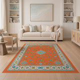 Vivid Orange Teal Floral Persian Area Rug