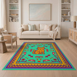 Vibrant Spotted Cat Teal Tribal Rug