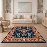 Elegant Navy Persian Rug with Red Baroque Border