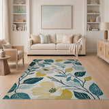 Teal Leaf and Yellow Bloom Floral Area Rug