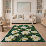 Emerald Green White Peony Floral Area Rug