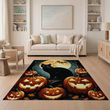 ODIKA Halloween Black Cat and Pumpkins Washable Area Rug - Non-Slip Low Pile
