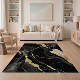 Black Gold Veined Marble Abstract Area Rug