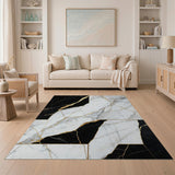 ODIKA Modern Washable Marble Rug - Black, White & Gold Geometric Low Pile Area Rug