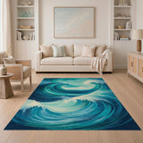 Washable Abstract Teal Ocean Wave Coastal Low Pile Area Rug