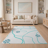 Teal Wavy Lines Blue Floral Abstract Area Rug