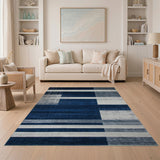 Blue and Teal Navy Blue Grey Geometric Striped Area Rug