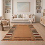 Tan Flatweave Area Rug with Multi-Color Striped Borders Fringes