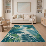 Teal Palm Leaf Coastal Beach Area Rug