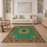 Teal Sun Medallion Area Rug with Gold Baroque Borders