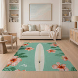 Surfboard Hibiscus Teal Area Rug
