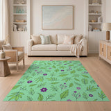 Mint Green Leaves Purple Flower Pattern Rug