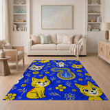 Cute Cartoon Cats Yellow Flowers Blue Rug