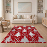 Festive White Christmas Trees on Red Geometric Rug
