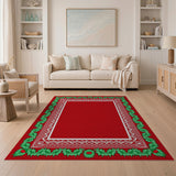 Red Holly Berry Geometric Border Rug