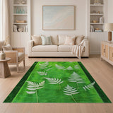 White Fern Leaves on Lush Green Area Rug