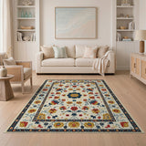 Cream Traditional Persian Floral Area Rug with Navy Border