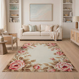 Pink Roses Floral Border Cream Area Rug