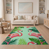 Pink Flamingos with Lush Green Leaves Area Rug