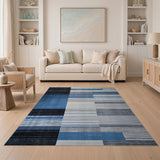 Modern Blue Grey Geometric Block Area Rug