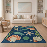 Navy Blue Seashell Starfish Coastal Rug