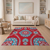 Vibrant Red Turquoise Mandala Floral Rug