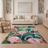 Multi-color and Patterns Vibrant Pink Flamingos Palm Leaves Area Rug