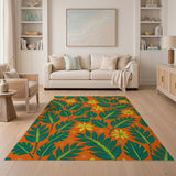 Vibrant Orange Palm Leaf Flower Area Rug