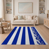 Navy Blue Striped Rug with Tribal Eagle Border