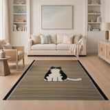 Adorable Black White Cat on Beige Striped Rug