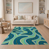 ODIKA Modern Teal Abstract Swirl Washable Area Rug, Non-Slip Low Pile