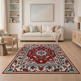 Red Persian Medallion Area Rug with Teal Floral Accents