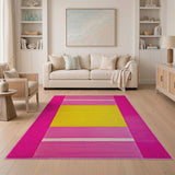 Vibrant Pink Framed Yellow Geometric Area Rug