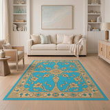 Turquoise Gold Ornate Floral Persian Rug