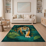 Prowling Tiger in Lush Jungle Area Rug