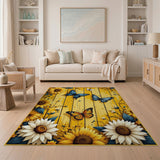 Sunflowers Colorful Butterflies on Rustic Wood Rug