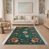 Teal Persian Floral Area Rug with Coral Blooms