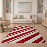 Washable Red & White Diagonal Striped Low Pile Area Rug