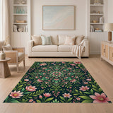 Pink Floral Mandala with Lush Green Leaves Rug