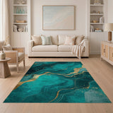 Teal Gold Marble Wave Abstract Area Rug