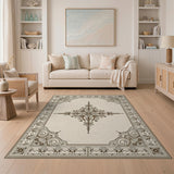 Ornate Beige Persian Rug with Camel Peacock Motifs